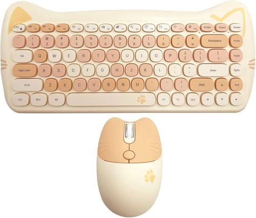 Wireless Keyboard and Mouse Combo, Cute Cat Keyboard and Mouse Set, 2.4G Cordless Computer Mice with USB Receiver for Laptop/PC/MAC (Milk Tea Brown)