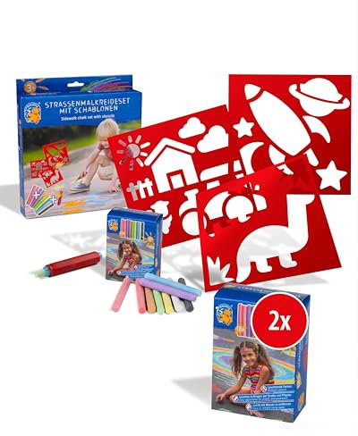 PUSTEFIX MALEFIX Schablonenset Adventure + 2x Nachfüllpack 18er Kreide I Leuchtende Straßenkreide Farben mit Schablone, leicht aufzutragen I Einfach mit Wasser zu entfernen I Für Kinder & Erwachsene
