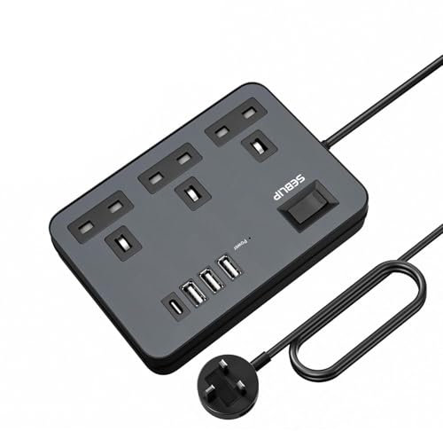 SEBLIP 1m Black Extension Lead with USB Sockets, Modern Indoor Extension Cord with Power Switch, 3 Sockets and 4 USB Ports (Black, 100cm/39inch)
