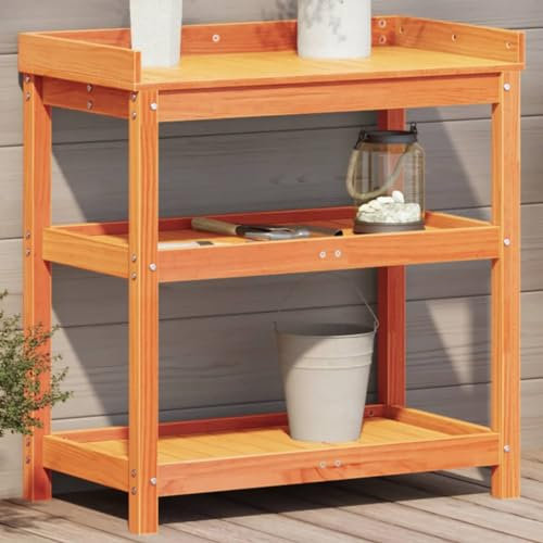 LLEZKBR Home & Garden,Lawn & Garden,Gardening,Plant Stands,Potting Table with Shelves Brown 82.5x45x86.5 cm Solid Wood Pine