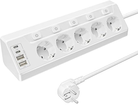 9 in 1 Mehrfachsteckdose mit Schalter,Steckdosenleiste mit USB 5-Fach Steckdosen 2M Kabel, Ecksteckdosenleiste Schwarze für Ecksteckdose küche einzeln schaltbar & Schreibtisch-Weiß