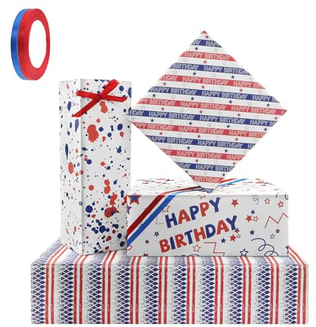 Patriotisches Geburtstags-Geschenkpapier, 4 Bögen, rot, weiß und blau, Geschenkpapier, gestreift, mit rotem und blauem Band, für Juli, USA, Unabhängigkeitstag, französische Bastille, 70 x 50 cm
