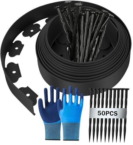 Flexible Rasenkante aus Kunststoff, 10m (L) x 5cm(H) Rasenkante Kunststoff, Rasenkanten Höhe Beeteinfassung Rasenbleche Mähkante Palisade, mit Befestigungsnägel x 50 + Handschuhe x 1Paar - Schwarz