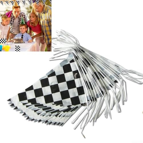 30M Karierte Wimpelkette Girlande Banner mit Wimpel Flaggen für Rennwagen Motto Party Dekoration, inklusive 48 Flaggen, PE-Material