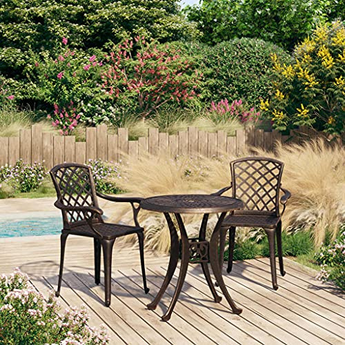 Bucmath Ensemble bistrot 3 pièces en fonte d'aluminium bronze résistant aux intempéries pour jardin, balcon, terrasse, meubles d'extérieur, table basse avec trou pour parasol, facile d'entretien