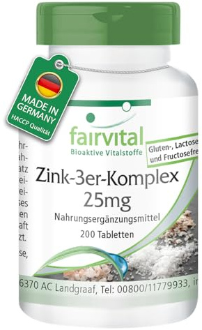 fairvital Zink 3er Komplex 25mg, 200 Tabletten, schluckfreundlich, 25mg Zink pro Tablette, qualitätsgeprüft und hochdosiert, 100% vegan, Made in Germany
