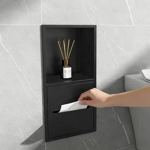 Unterputz Toilettenpapierhalter Einbau-Duschnische (Keine Fliesen Erforderlich), Leicht Zugängliche Edelstahl-Badezimmernischen, Zweistufiger Wand-Toilettenpapierhalter(Black)