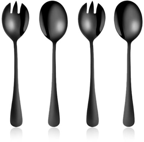 Luxorium Set di 4 Posate per Insalata Nero in Acciaio Inox - Cucchiaio e Forchetta per Insalata con Finitura Lucida e Manico Ergonomico per Cucina, Ristorante e Hotel