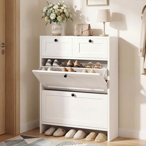 VOWNER Zapatero Estrecho, 2 Puertas, Zapatero Entrada Recibidor, 80 x 24 x 110 cm (Largo x Ancho x Alto), para Entrada Estrecha, Pasillo (Blanco)
