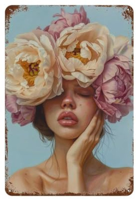 WUJHGRSG Impasto Warm Peony Floral Maiden 02 Vintage Metal Tin Sign Poster, Modern Iron Wall Art Decor, Retro Wall Plaque for Home, Coffee Club, Bar & Shop 30x20cm