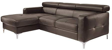 Mivano Ecksofa Sammy, Eckcouch in Lederoptik mit verstellbaren Kopfstützen und moderner Steppung, 227 x 74 x 187, Lederimitat, dunkelbraun