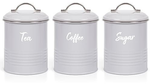 Ehc Tea, Coffee, Sugar, Canister Set, Set of 3 Airtight Food Storage Easy to Open Storage Cansiters Jars Tin, Grey