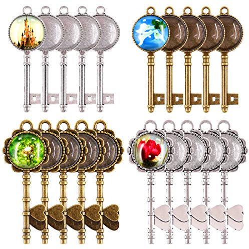 Glarks 48-teiliges Vintage-Anhänger-Tabletts Set, 24 Skelettschlüssel-Anhänger-Tabletts mit 24 hellen Glaskuppel-Fliesen, Cabochon für DIY Hochzeit, Party, Geschenke, Schmuck, Anhänger, Dekoration