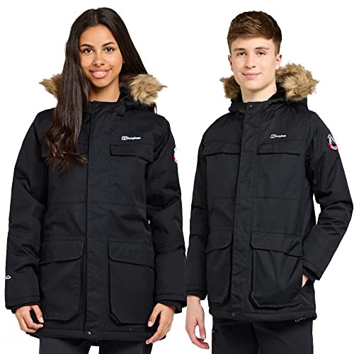 Berghaus Kids' Fourstones Parka Jacket with Adjustable Hood, Removable Faux Fur Trim, Waterproof & Insulated (UK, Age, 5 Years, 6 Years, Regular, Black)