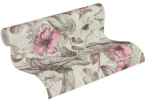 Carta Da Parati Floreale Greenery A.S. Création Carta da parati tessuto non tessuto 10.05 m x 0.53 m verde, rosa, grigio Prodotto in Germania 372164 37216-4