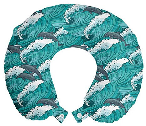 ABAKUHAUS Meerestiere Reisekissen Nackenstütze, Surfen Doodle Dolphins, Schaumstoff Reiseartikel für Flugzeug und Auto, 30x30 cm, Charcoal Grey Teal weiß