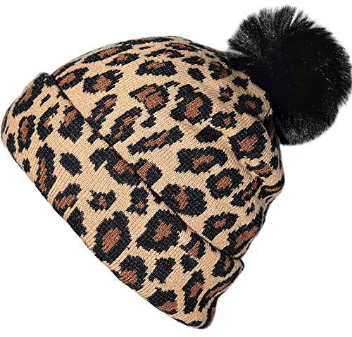 XYIYI Winter Cheetah Strickmütze Leopard Slouch Beanie Mütze mit Pom Pom fur Damen