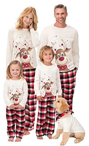 SAMGU Weihnachten Schlafanzug Familien Pyjama Set Lang Tops+Hosen Strampler Neujahr Zweiteiliger für Vater, Mutter, Kinder,weiß,Damen L