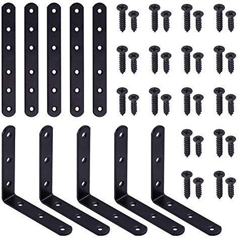 Swpeet Lot de 80 équerres d'angle en fer noir en forme de L et supports plats droits d'étagère avec vis pour fixation de connecteur (100 x 100 x 3 mm, 160 x 20 x 3 mm)