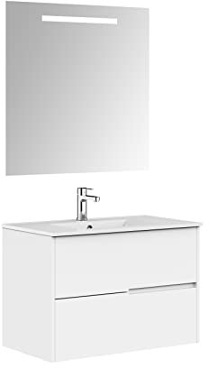 Baikal Mueble de baño Gavin, 2 cajones, suspendido en Pared. Incluye Lavabo cerámico. Varios Acabados. Se Entrega Montado. con Espejo 80 cm Blanco