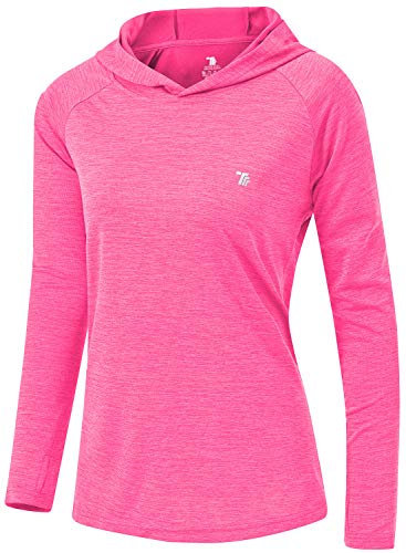 donhobo Women's Long Sleeve Sports Running Hoodie Tops Shirts with Thumb Hole,UPF 50+ Sun Protect Breathable Quick-Dry Fitness T-Shirt Tops for Workout Gym Training Yoga Pilates Rose L