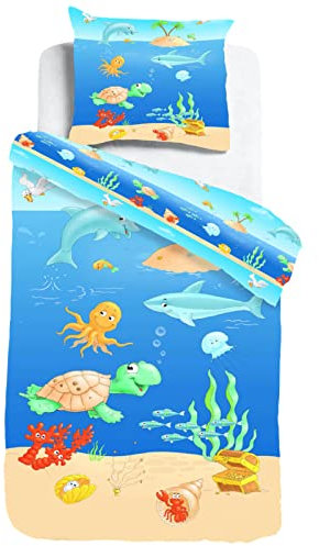 ESPiCO Kinderbettwäsche Sleep and Dream Lustige Meerestiere Fische Delfin Schildkröte Strand Renforcé, Größe:135 cm x 200 cm