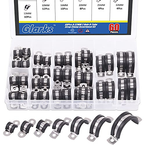 Glarks 60pcs U Tube Clamp Set 2 Holes 8-32mm 304 Stainless Steel with Rubber Pad for Rigid Pipe Fixing U Holder Assortment Set (8-32mm)