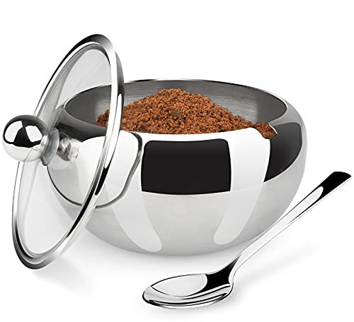 Bivvclaz Grand sucrier avec couvercle et cuillère, 500 ml, récipient à sucre en acier inoxydable, bol distributeur de sucre pour café, récipient à condiments, grande capacité pour 2 tasses