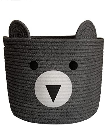 Bigepige Aufbewahrungskorb Kinder, Baby Spielzeug Baumwollseil Aufbewahrung Korb Geflochten, WäSchekorb Klein Faltbar Kinderzimmer Deko Basket Grau Bär(28x28x24cm)