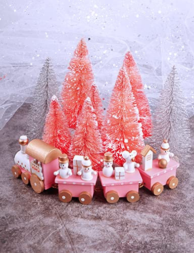 Mini Weihnachtsdeko Set Rosa Holz Weihnachtszug und 8 Pcs Kleine Künstliche Weihnachtsbäume Weihnachtlicher Zierschmuck für Tisch Ornamente Schaufenster Deko oder Weihnachts-Geschenke usw.
