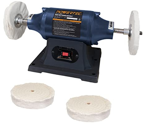 POWERTEC 6-Inch Bench Buffer Jewelry Polisher - Includes 4PCs 80Ply Thic Buffing Wheels | Ideal Benchtop Buffing Machine for Polishing Metal, Jewelry, Knives, Wood, Jade, and Plastic (BF601C)