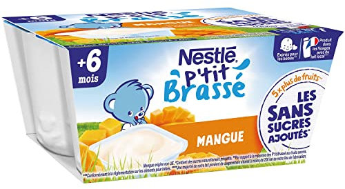 Nestlé Bébé - P'tit Brassé - Laitage Mangue sans sucres ajoutés - dès 6 mois - 4 x 90g