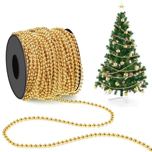 Chuangdi 1 Roll/ 21m Christmas Bead Chain 4mm Gold Christmas Hanging Decoration Christmas Tree Ornaments Plastic String Garlands for Craft Xmas Tree, Stairs, Wedding, Costume, DIY Party Supplies