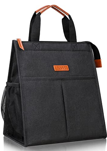 Lacdo Lunch Bag for Women Men Insulated Lunch Tote Bags Waterproof Reusable Lunch Box Soft Cooler with Pockets for Work School Travel Picnic, Black