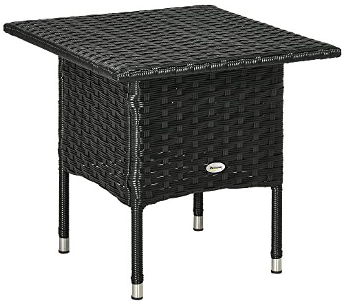 Outsunny Table d'appoint en rotin, table basse d'extérieur avec planche en plastique sous le dessus de la table entièrement tissé pour terrasse, jardin, balcon, noir