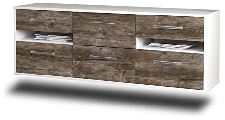 Lqliving TV-Board Lowboard Sacramento, Wandmontiert, Korpus in Weiss matt, Front im Holz-Design Treibholz (136x47x35cm), mit Metall Griffen, Made in Germany