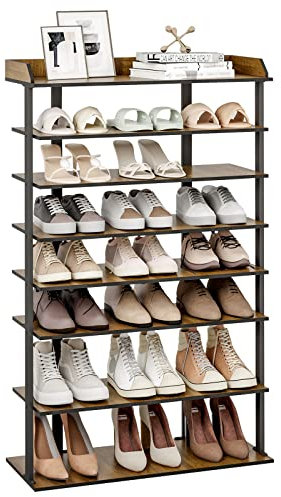 Mondeer Schuhregal, 7-stöckiges Schmales Schuhablage Holz Industriestil für Eingänge Flur Wohnzimmer Schlafzimmer, L70 x B28 x H113 cm, Rustikal Braun