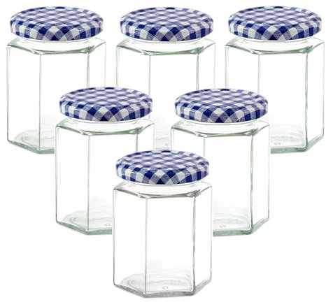 Offer Shop Jam Glass Jars with Blue Gingham Lid & Labels - 280ml / 9oz Hexagonal Storage Glass Jars for Kitchen | Airtight Glass Jar for Spices Honey Baby Food Storage | Set of 6