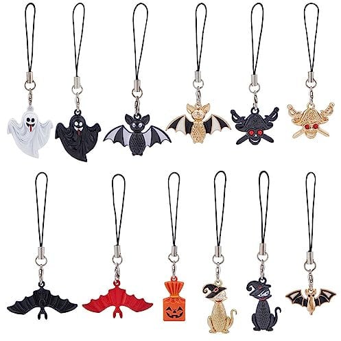 SUPERFINDINGS 12pcs Halloween Theme Cell Phone Straps 7.8~9.2cm Ghost Pumpkin Fashion Phone Lanyard Strap All Saints' Day Cat Bat Pirate Phone Chain Strap Gifts
