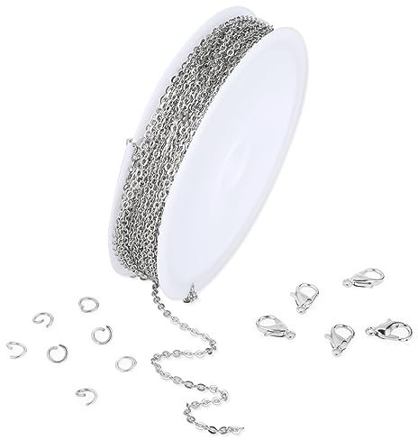 WLLHYF Vergoldete Kette, Edelstahl, Metallkabel, Gliederkette, Rolle mit 10 Karabinerverschlüssen, 30 Biegeringen, für Halsketten, Ohrringe, Armbandverlängerungen für Schmuckherstellung, Silber