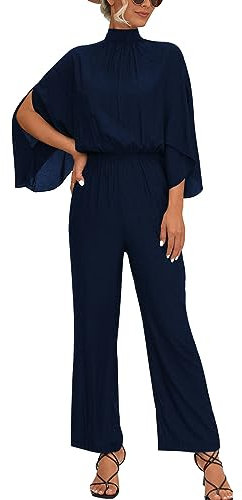 IWEMEK Damen Lang Jumpsuit Weitem Bein Overall Hose Mock Hals Schlitz 3/4 Fledermausärmel Elastische Taille Schlüsselloch Rücken Strampler Festlich Party Hochzeit Einteiler Marineblau M