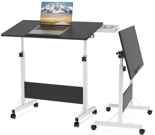 PIPIPOXER Tavolo pieghevole per computer portatile con ruote, 80 x 40 cm, altezza regolabile 64 – 89 cm, scrivania per computer, tavolo da lavoro mobile, tavolo da sopravvivenza a 360°, colore nero
