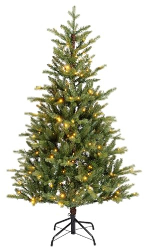 Everlands künstlicher Weihnachtsbaum „Allison Kiefer“ 180 cm – Beleuchtet mit 320 warmweißen LEDs, 8 Lichtfunktionen, Timer, Real & Soft Needle, 3-teilig, Metallfuß, Ø 112 cm – Indoor grün