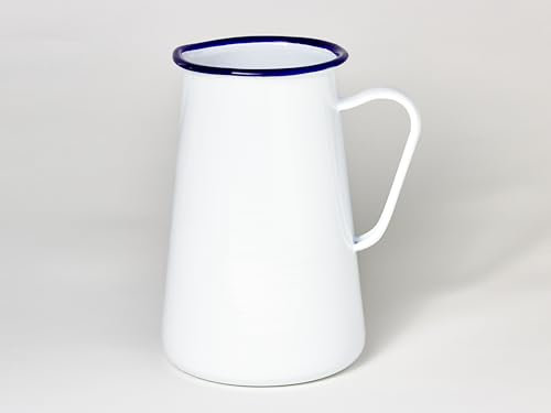 Jarra para servir de acero esmaltado vitrificado blanco y ribete azul, 2 litros