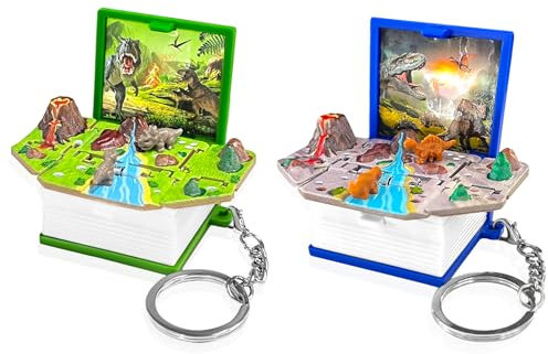 2 Stück Dino Schlüsselanhänger Kinder,Jurassic Park Entdeckung des T. Rex,Set mit Dinosauriern,Vulkanen,Flüssen,Grasland und Bäumen Dinosaurier Spielzeug Geschenk für Fans der Jurassic Park-Filme
