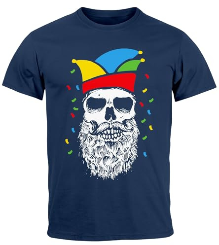 MoonWorks® Herren T-Shirt Fasching Karneval Totenkopf mit Narrenkappe Kostüm-Ersatz Verkleidung Faschingskostüme Männer Navy L