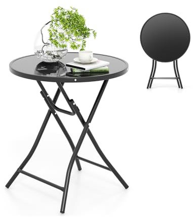 COSTWAY Tavolo Rotondo da 59 cm, Tavolino Pieghevole per Giardino con Piano in Vetro Temperato, Struttura Metallica Robusta, per Esterni per Terrazzo, Balcone, Giardino, Piscina