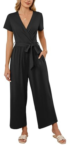 OUGES Summer Jumpsuits for Women UK Black Short Sleeve Casual Jersey Playsuit With Pockets, XXL