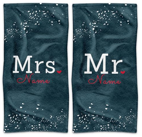 PR Print Royal Handtuch Personalisieren - 2er-Set - Mr. and Mrs. in blau - mit Name selbst gestalten - Handtuch Bedrucken, Hochzeitsgeschenke, Geschenk zur Hochzeit | Fotogeschenk - 100 x 50