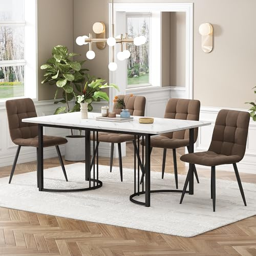 KUAKE Esstisch-Set mit 4 Stühlen 140x80 cm, Essgruppe mit 4 Stühlen aus Samt, Küchen-Esstisch für Zuhause & Familie, Schwarz Metall Tischbeine + 4 Dunkelgrün Stühlen(Braun-B)